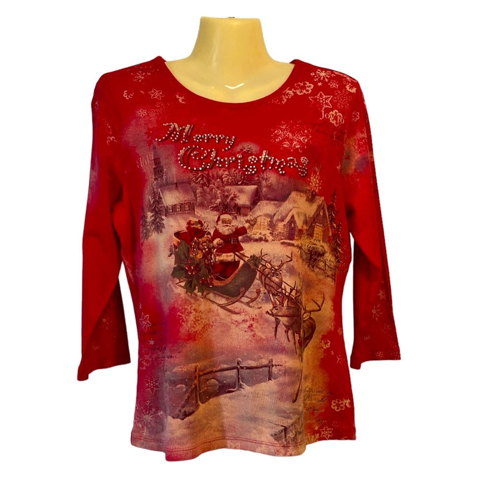 Studio Gem Merry Christmas Tee Shirt Santa Print Front Back Holiday Festive Med